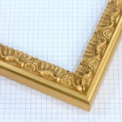 This 1-1/4 " ornate frame features an intricate small floral compo design finished in bright gold. Its classic detailing and radiant metallic sheen add a touch of elegance and sophistication, perfect for enhancing traditional artwork or fine portraits.